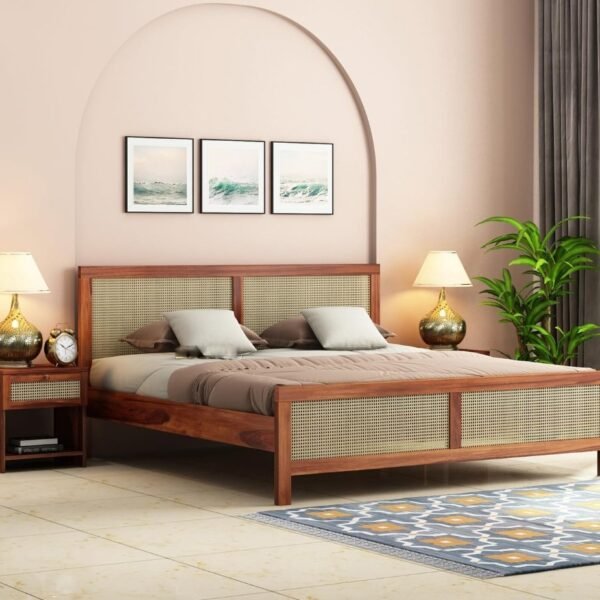 Gunnu Furniture Sheesham Wood Natural Rattan Cane Bed without Storage for living Room and Bedroom (Natural Finish)