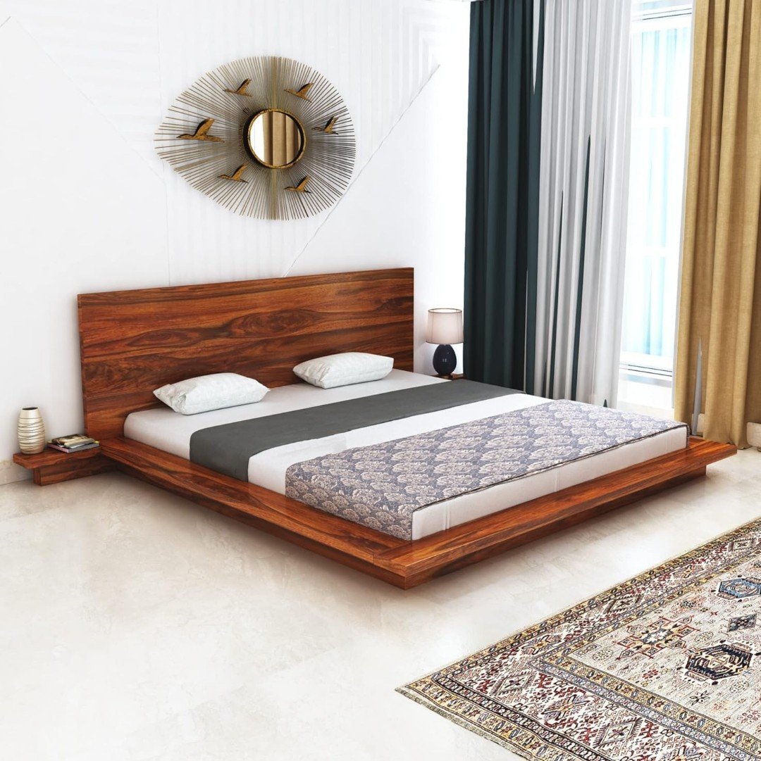 2025/06/1000387967.jpg Gunnu Furniture Sheesham Wood Wooden Low Height Platform Bed with two Bedside tables - Image 1