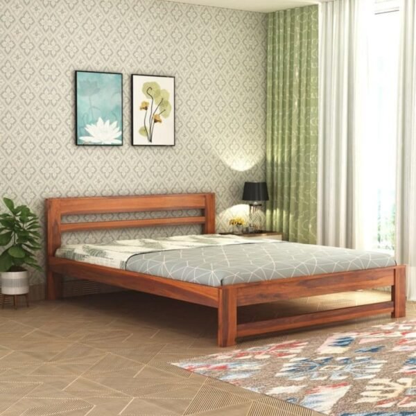 Sheesham Wood Wooden Cot Bed with 2 Horizontal Bar Headboard without Storage for Bedroom, Living Room and Hotel