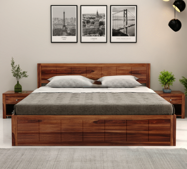 Sheesham Wood Wooden Box Storage Rectangular Slat Bed (King, Queen, Double and Single)