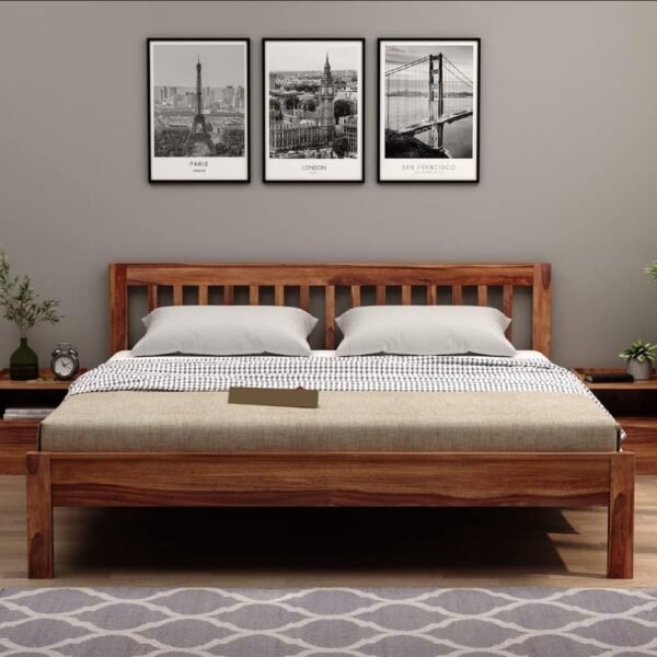 Sheesham Wood Wooden Cot Bed with Vertical Bar Headboard without Storage for Bedroom, Living Room and Hotel