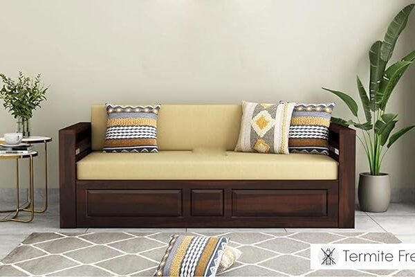 Sheesham Wood Walnut Sofa Cum Bed with Storage for Living Room and Office