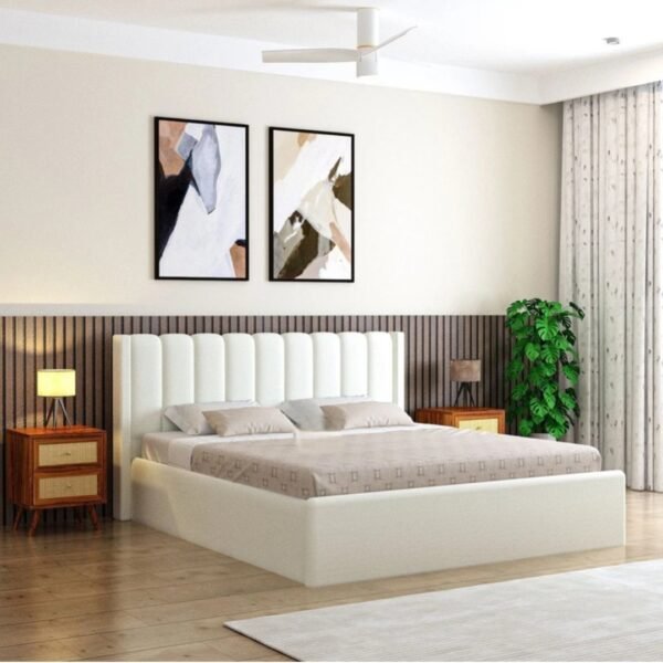 Wooden Upholstered Bed with Tufted Headboard/Wooden Cot/Palaung For Bedroom ( Colour Off White )