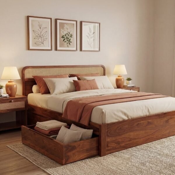 4DS Sheesham Wood Bed with Drawer Storage and Rattan Cane Detailing