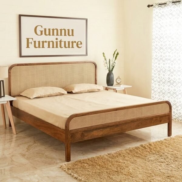 Sheesham Wood Rattan Cane Round Corner Cot Bed without Storage for Living Room and Bedroom